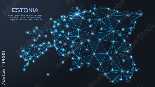 Geometric low-poly vector depiction of Estonia, showing illuminated cities and population clusters as sparkling dots and space-inspired stars. digital communication network