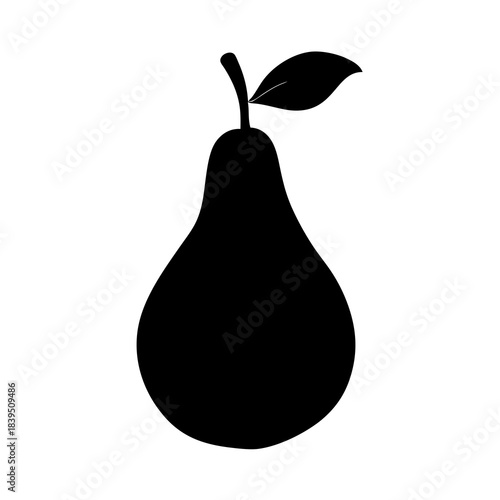 Black pear silhouette with stem and leaf fruit white