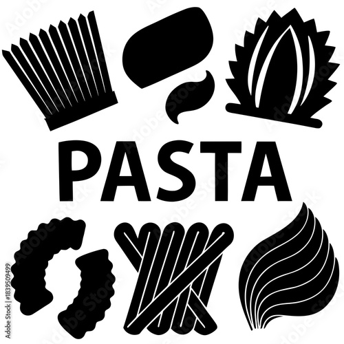 Black pasta shapes and word on white background food
