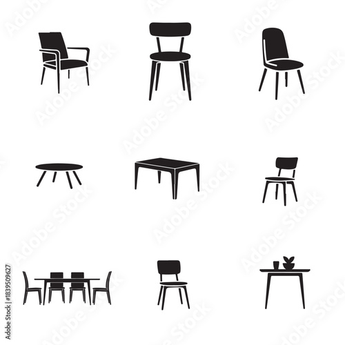 Set of black chair furniture icons for interior design illustration