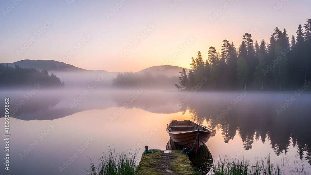 Naklejka premium Serene early morning landscape of calm lake surrounded by dense pine forest with mist rising over