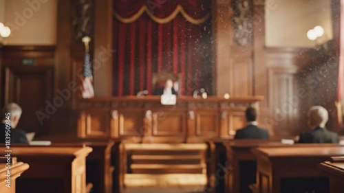 A courtroom scene featuring a judge presiding over a trial, with attentive audience members in the background