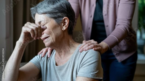 Elderly woman experiencing emotional distress while being comforted by a supportive familiar member at home.
