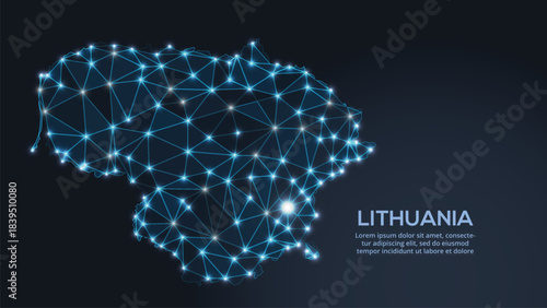 Low-poly vector map of Lithuania featuring glowing city lights and population density illustrated through star-like dots and cosmic shapes.