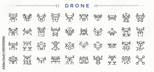 Set of Drones line icon. Included drone, aviation, air, flight, fly, technology, camera and more. Collection for mobile and web apps. Transport icon set. Vector artwork and illustration.