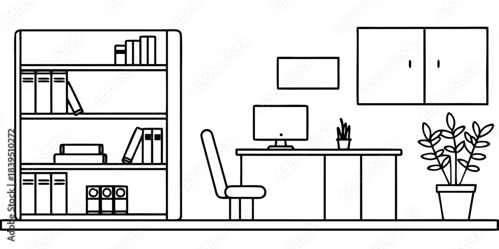 Fototapeta premium Minimal Line Art Home Office Workspace with Desk, Bookshelf and Plant