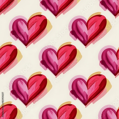 Seamless watercolor heart pattern with soft pink and red brush strokes on a light background
