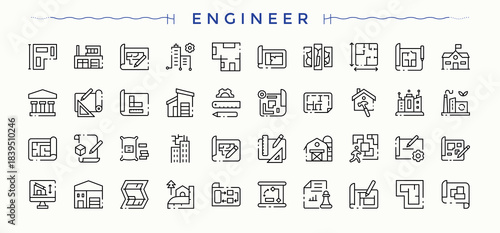 Engineering linear icon collection. Minimal linear icons. Engineer modern icon set. Containing tool, equipment, engineer, engine, mechanic, maintenance and more.