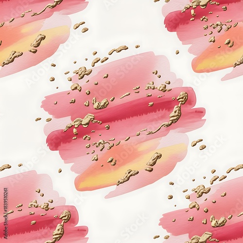 Seamless pattern of soft pink and orange watercolor brush strokes with flecks of gold leaf
