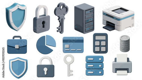 A comprehensive collection of 3D isometric elements for digital security, financial data, business management, and office technology, ideal for modern interfaces and applications