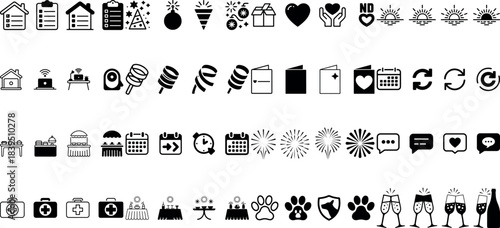 A comprehensive collection of diverse black line art icons representing home celebration communication and various concepts for modern digital design