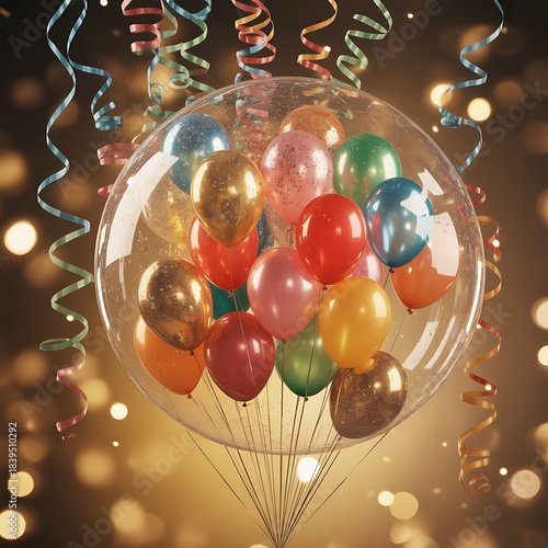 Vibrant multicolored balloons inside a clear bubble balloon with festive streamers and bokeh lights