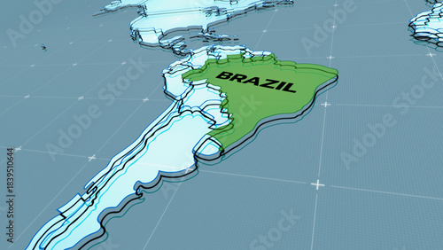 a futuristic 3D map showing part of  Brazil, South America,  map of South America, Brazil map,