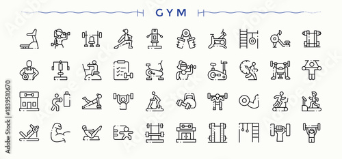 Gym linear icon set. Isolated icons. Pictograms of sport, health, bodybuilding, athletic, fitness. Editable stroke. Vector collection. Exercise related icon set.