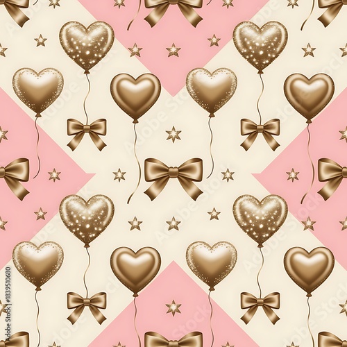 Seamless pattern of golden heart shaped balloons and bows on a pastel pink and yellow diamond background