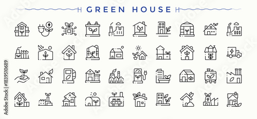 Set of Green House line icon. Pictograms of nature, global, earth, house, ecology and more. Minimal icons pack. Global icon set in linear style. Editable vector.