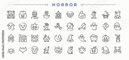 Horror line icon set. Containing cemetery, ghost, pumpkin, spider, witch, magic, halloween and more. Witch icon pack. Outline icons pack. Editable stroke. Vector collection.