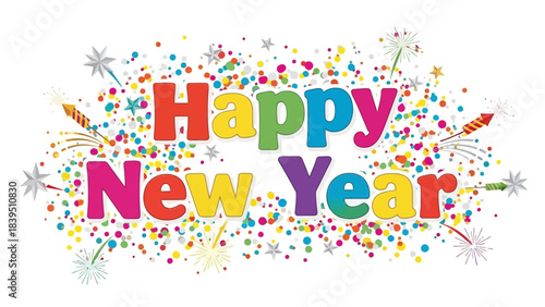 Vibrant and festive happy new year text surrounded by colorful confetti and celebratory fireworks on a white background