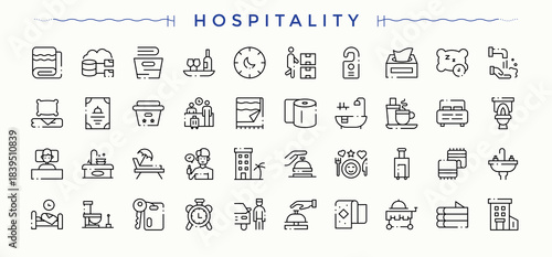 Hospitality icon set. Vector outline icons collection. Editable vector stroke. Hostel icon set. Contains such icons as host, reception, restaurant, hotel, motel and more.