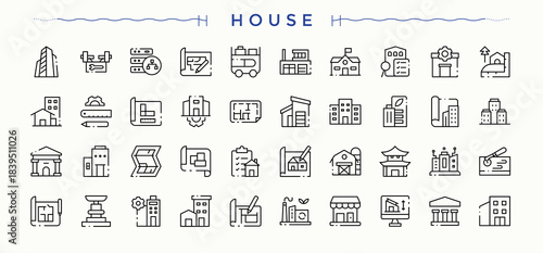 House icon set in linear style. Construction icon set. Pack of residential, page, construction, home, business, building, real and more. Art and illustration.