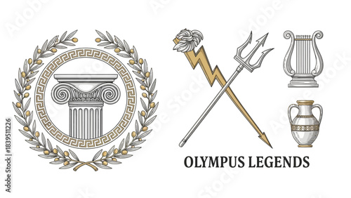 Classic Greek mythology vector elements with olive wreath, column, and lightning bolt for history branding