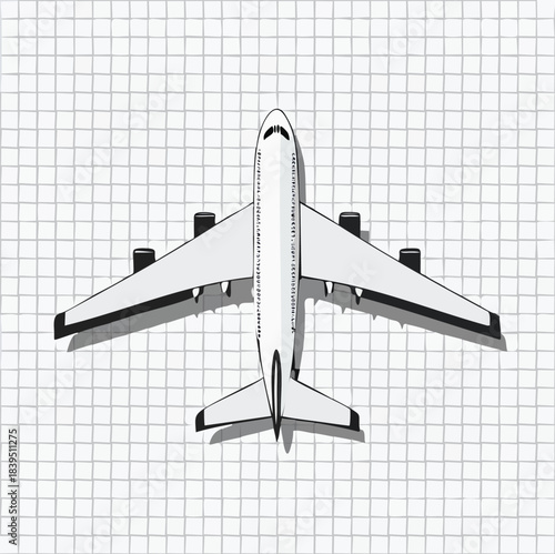 Top view of a white airplane model on a grid background