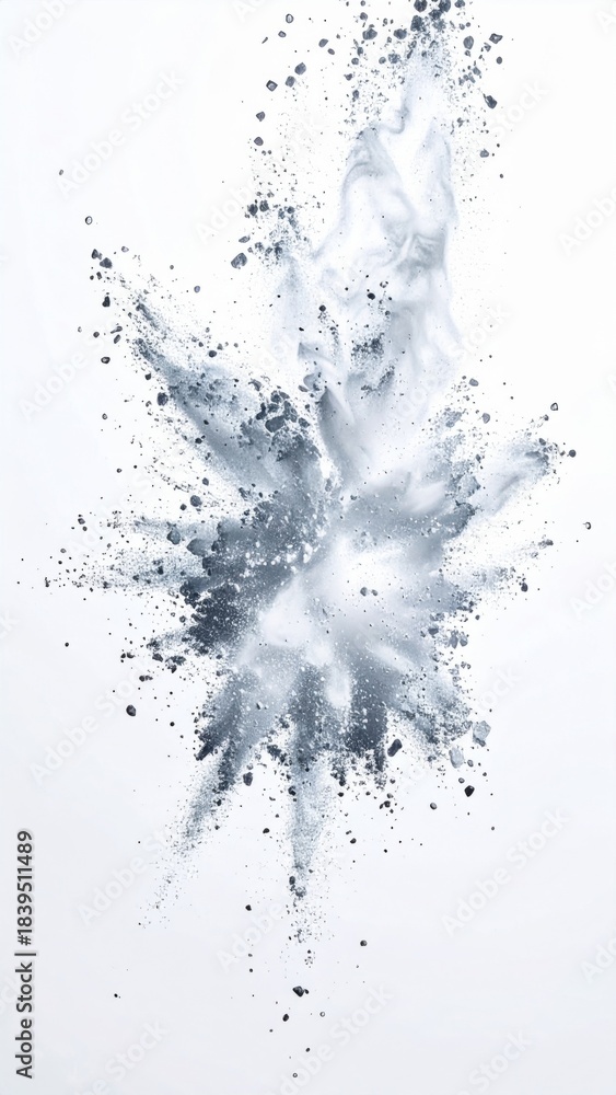 Fototapeta premium Abstract Gray Powder Explosion Against White Background Dynamic Motion