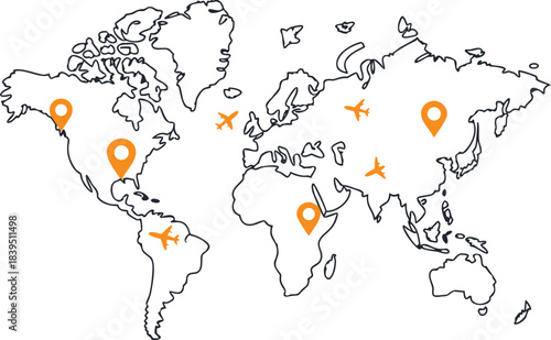 World Travel Map with Flight Routes and Location Pins – Global Travel Illustration