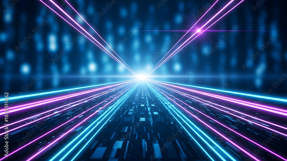 Fototapeta premium Futuristic digital fiber optic tunnel with neon light beams and abstract technology background