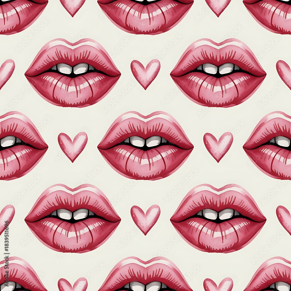 Obraz premium Seamless pattern of realistic pink lips and small hearts romantic and playful design for valentine s day