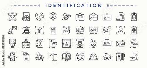 Identification icon set. Outline icons in linear style. Biometric vector icon set. Includes thin line symbols authentication, identity, biometric, security, barrier, access control and more.