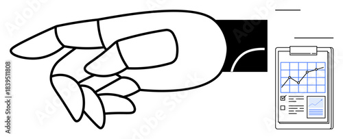 Artificial intelligence, robotics, data analytics, technology integration, innovation trends, automation. Robotic hand next to a clipboard displaying a data chart. Artificial intelligence