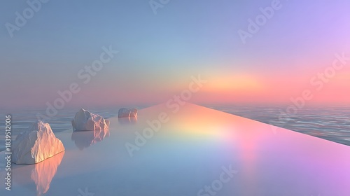 Abstract pastel landscape with rocks on a reflective surface at sunrise image photo