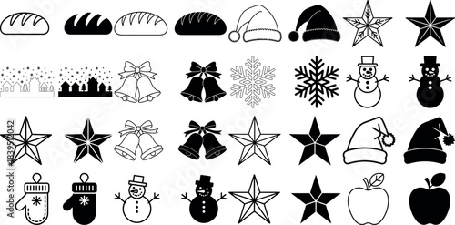 Black and white line art and solid icons for winter holidays food and seasonal elements vector illustration