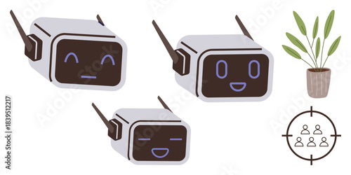Smiling robots with antennas showcase various emotions, a vibrant plant adds organic contrast, and a team target concept emphasizes collaboration. Ideal for technology, teamwork, AI, innovation