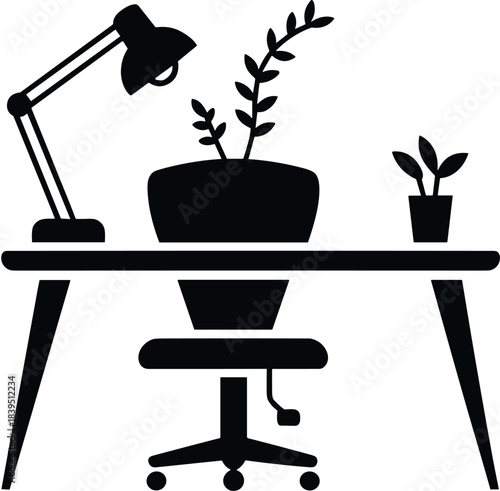 Black and white silhouette of minimalist workspace with desk, chair, lamp, and plants for lifestyle, decor, and productivity themes.