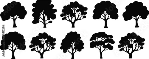 Black silhouette tree set with varied branching and canopy shapes for nature, icon, and educational design themes.