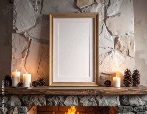 Blank Wooden Frame on Stone Fireplace Mantel with Candles and Pine Cones