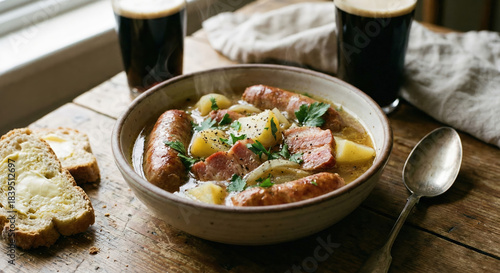 Traditional Dublin coddle with sausages, potatoes and bacon in a warm broth, served with buttered bread and stout beer on a rustic wooden table, comforting Irish pub meal