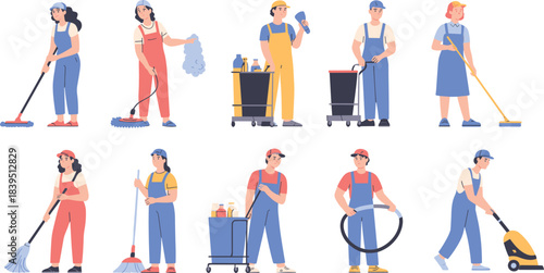 Cartoon cleaning staff character set with tools and active poses for sanitation, maintenance, and educational service themes.