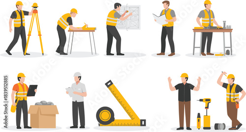 Cartoon construction and engineering professional set with tools, safety gear, and teamwork for instructional, workplace, and technical themes.