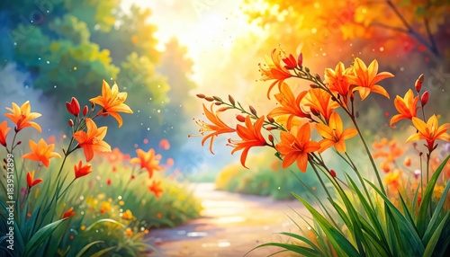 Vibrant orange flowers depicted in sunlit painting artwork portrays sun drenched orange blooms with vivid detail