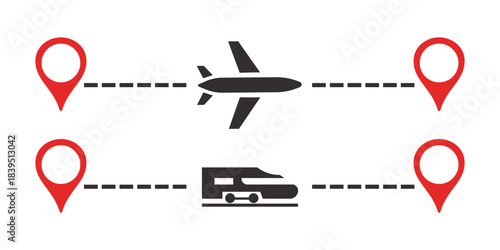 Traveling by train or plane. Vector icons isolated on white background.
