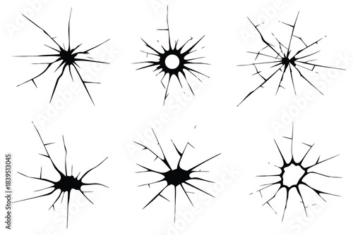 Collection of six realistic cracked glass or shattered window effects on white background