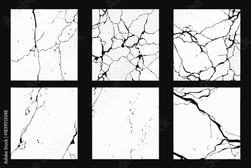 Collection of six realistic black ink shattered glass cracks on white background