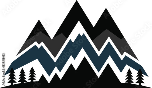 Stylized mountain range with pine trees in dark blue gray and black mountains peaks