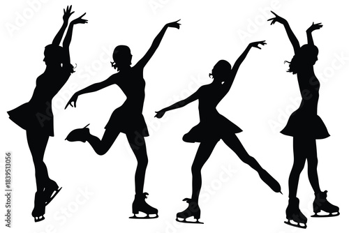 Four silhouettes of female figure skaters performing graceful poses on ice
