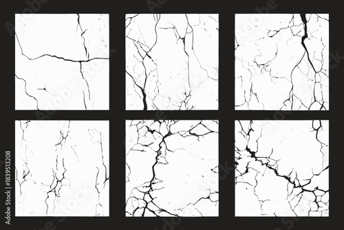  Six abstract white marble textures with black veins and cracks for backgrounds