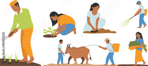 Cartoon farming activity set with sowing, planting, plowing, and harvesting for agriculture, teamwork, and educational themes.