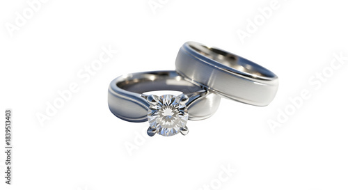 Elegant white gold wedding rings with sparkling marquise cut diamond engagement ring isolated on transparent background